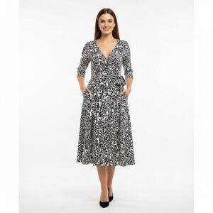 Lauren Ralph Lauren Dress Womens 8 Black White Patterned Midi Party Career Fancy